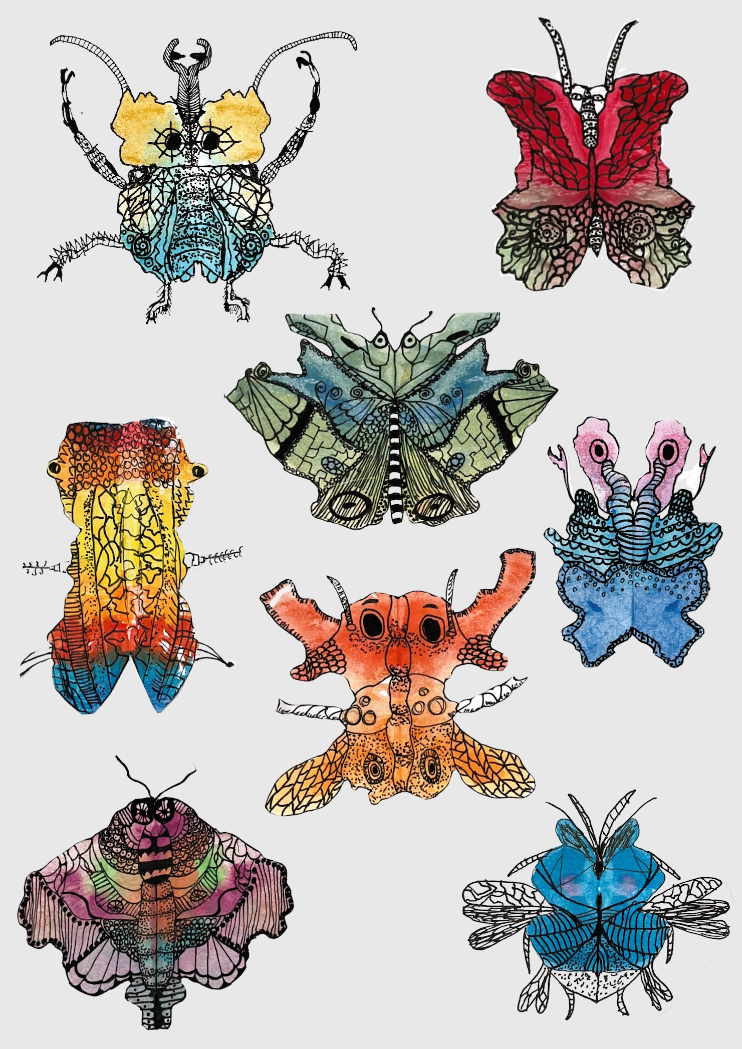 Kunstwerk des Monats November und Dezember: Einblicke in die Schülerarbeiten der Klasse 6a (Décalcomanie und Fineliner Zeichnung)